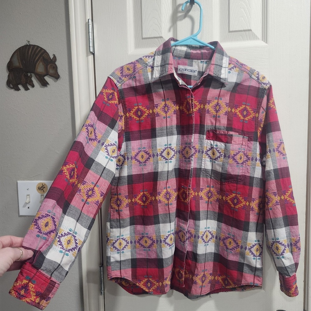 Vintage Cabin Creek Plaid Shirt Embroidered Southwest Aztec Pattern Red